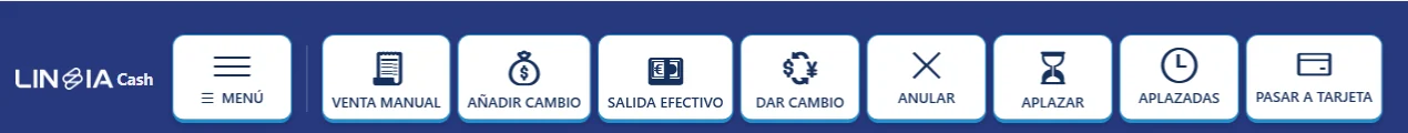 Barra de botones: venta manual, añadir cambio, salida de efectivo, dar cambio, anular, aplazar, aplazadas y pasar a tarjeta