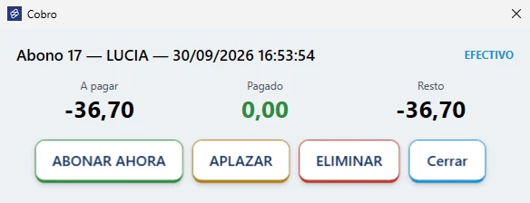 Ventana de un abono con las opciones abonar ahora, aplazar, eliminar y cerrar